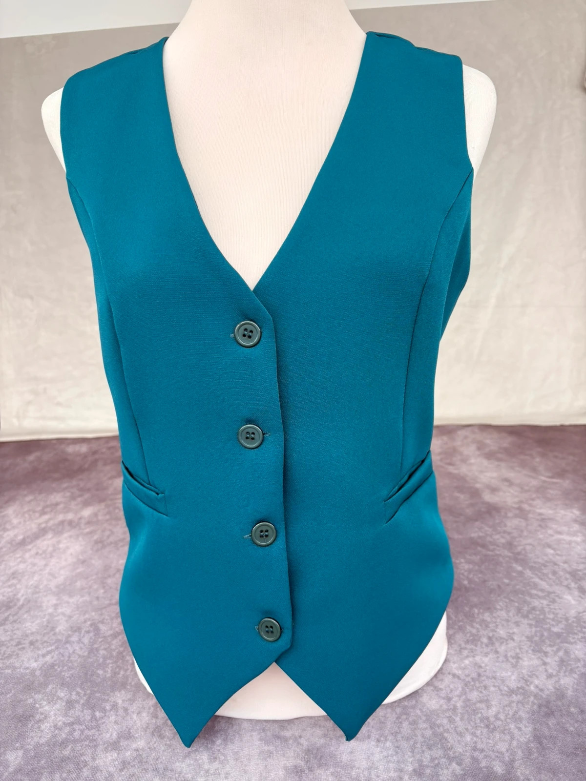 Vintage Teal Blue Sleeveless Button Up Vest Waistcoat Elegant Tailored Gilet Top Casual Outfit🌺 – Vintage Dressing – taille Taille unique