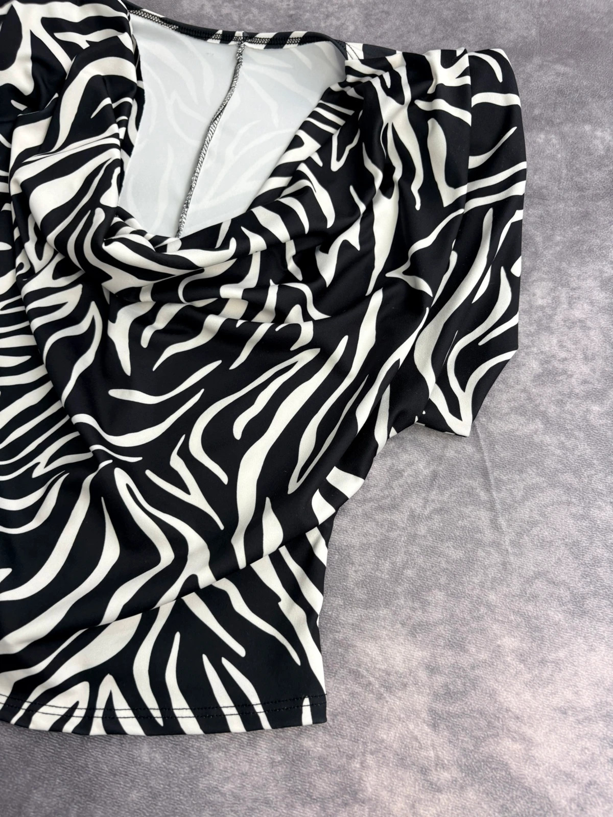 Zebra Print Cowl Neck Top Short Sleeve Elegant Blouse Casual Animal Pattern Shirt Summer Clothes🌺 – Vintage Dressing – taille Taille unique 3