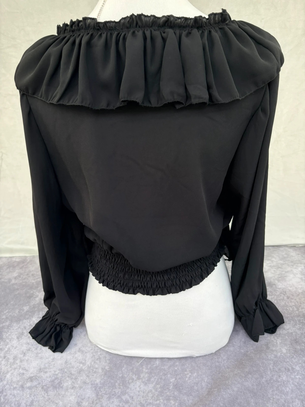 Chic Black Long Sleeve Blouse Ruffled V Neck Crop Top Smocked Waist Party Boho Style 🌺 – Vintage Dressing – taille Taille unique 2