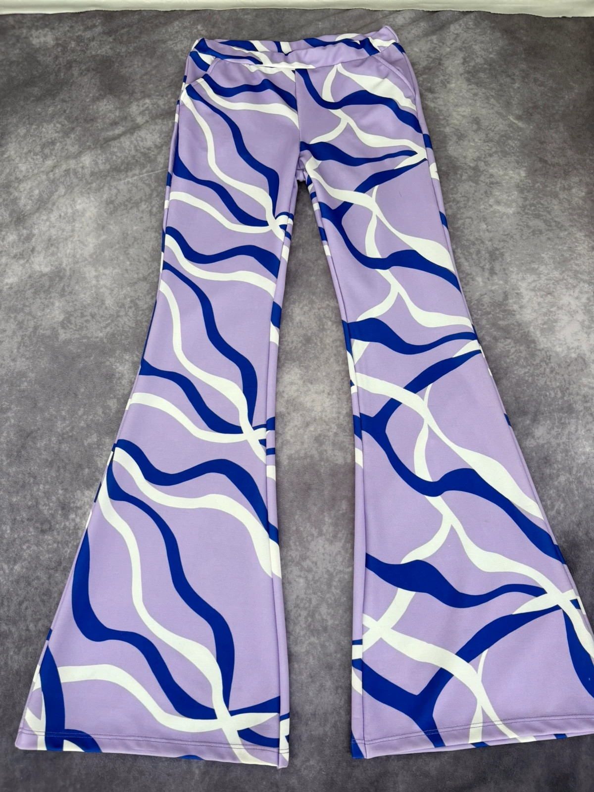 Purple Abstract Print Flare Trousers Retro Style Wide Leg Pants High Waisted Bell Bottoms🌺 – Vintage Dressing – taille Taille unique