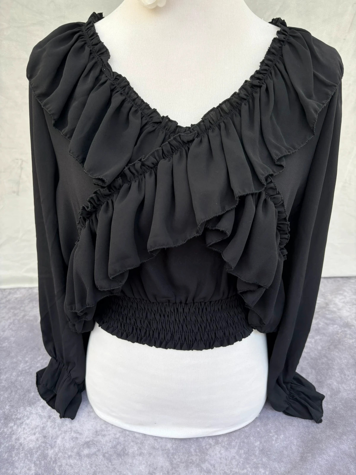 Chic Black Long Sleeve Blouse Ruffled V Neck Crop Top Smocked Waist Party Boho Style 🌺 – Vintage Dressing – taille Taille unique 3