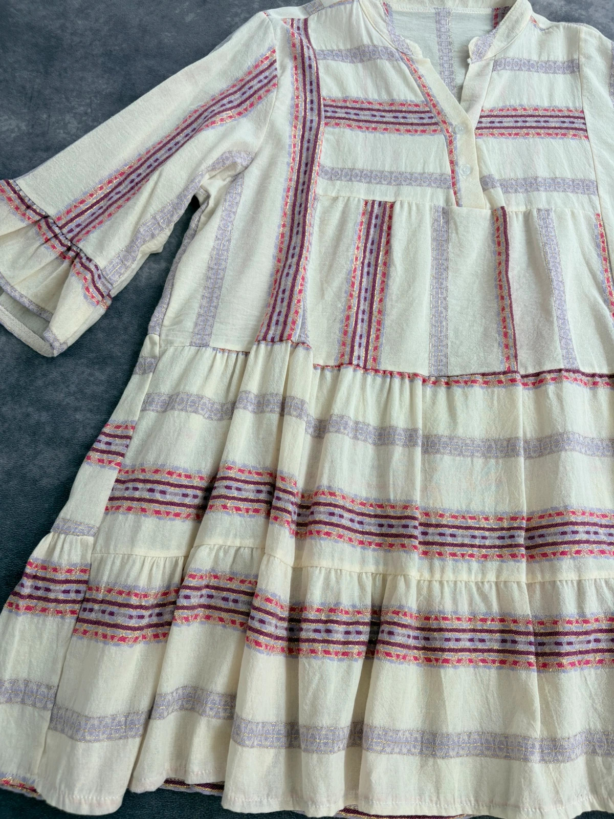 Boho Embroidered Tiered Tunic Dress Cream cotton Blend Hippie Gypsy Striped Smock Dress 🌺 – Vintage Dressing – taille Taille unique 2