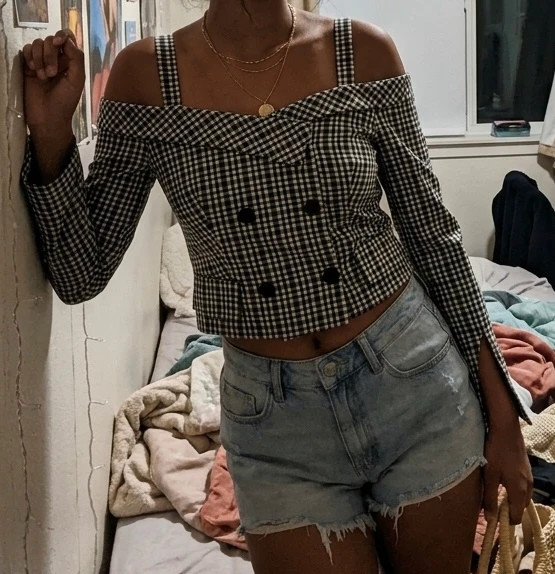 Gingham Plaid Off The Shoulder Blazer Top Cold Shoulder Double Breasted Jacket Bershka M🌺 – Bershka – taille M / 38 / 10 2