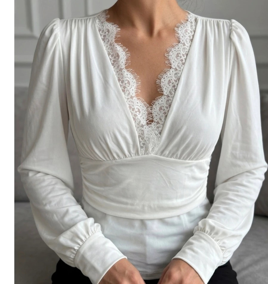 Elegant White Long Sleeve Blouse with Eyelash Lace V Neck and Ruched Waist Festive Top🌺 – Vintage Dressing – taille Taille unique 2