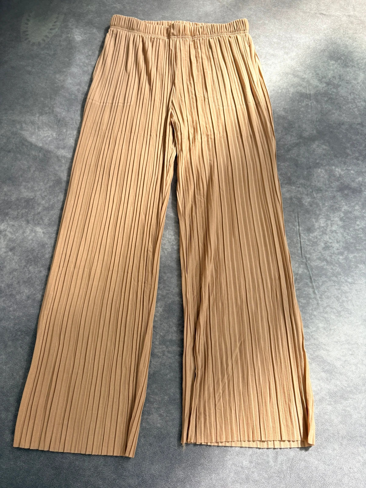 Beige Pleated Wide Leg Trousers High Waist Flowy Summer Pants Elegant Casual Elastic Waist Design🌺 – Vintage Dressing – taille XL / 42 / 14