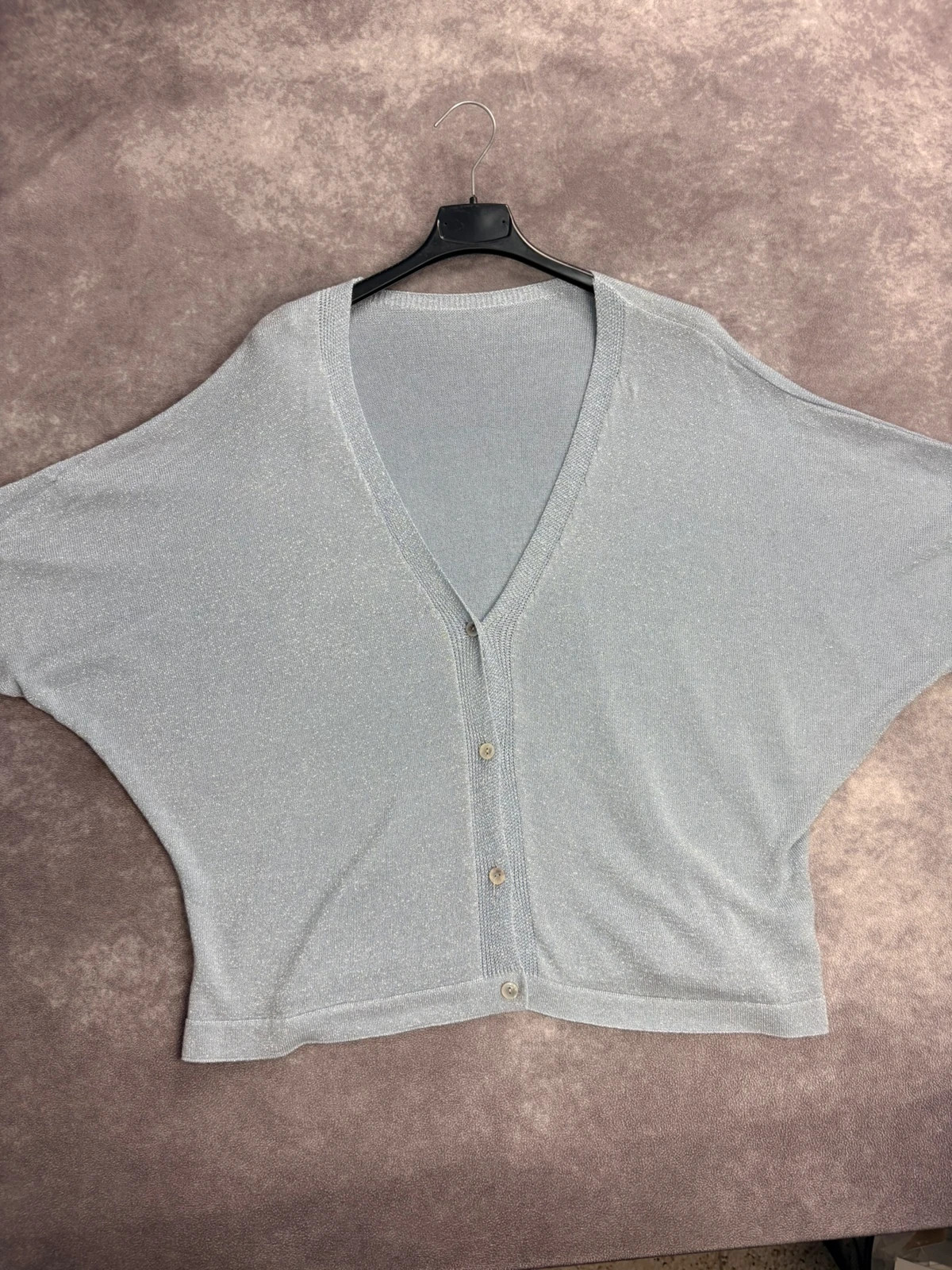 Women Glitter Silver Cardigan Short Sleeve Batwing V Neck Knitwear Party Shimmer Size Medium🌺 – Vintage Dressing – taille M / 38 / 10 2