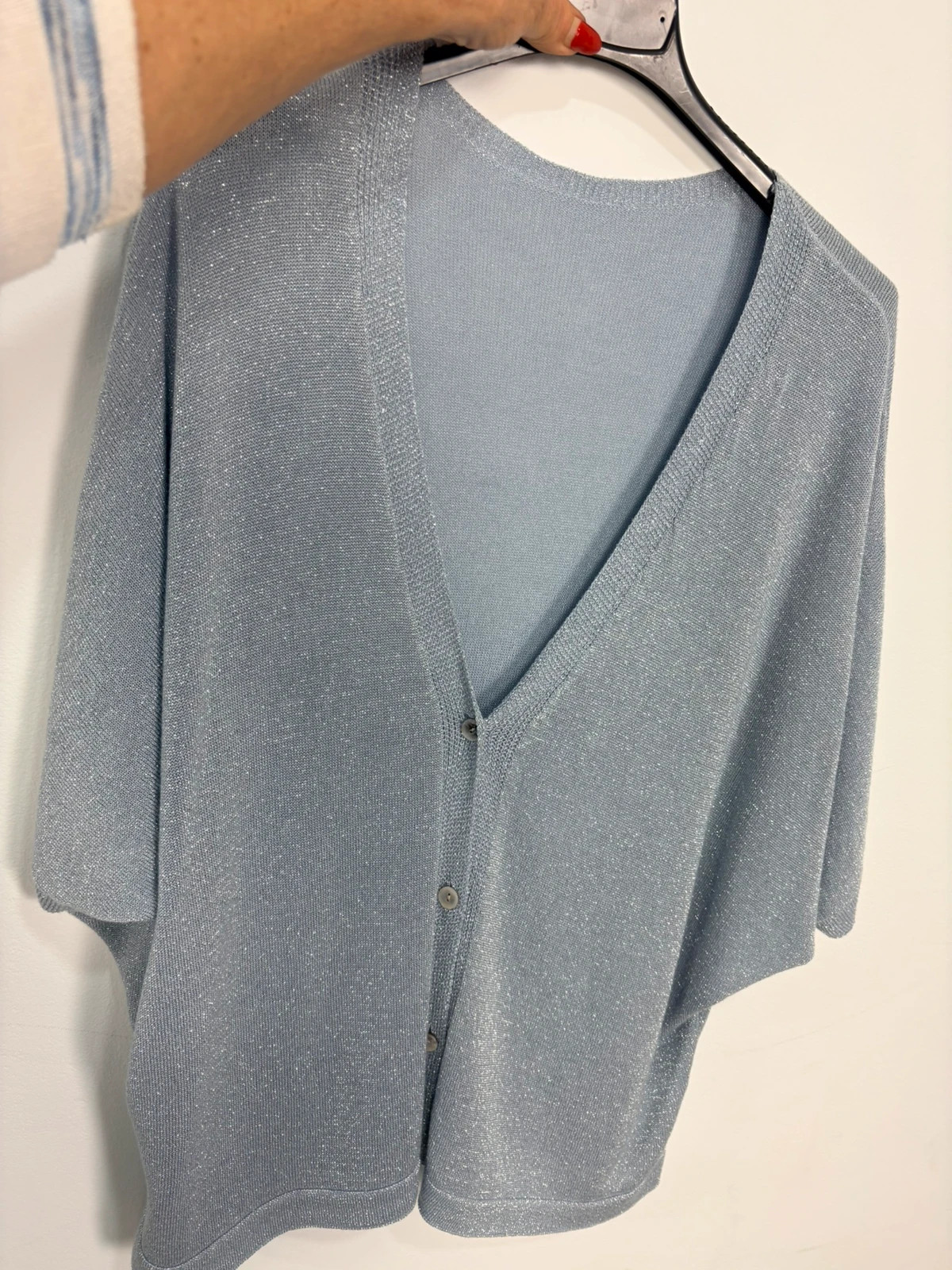 Women Glitter Silver Cardigan Short Sleeve Batwing V Neck Knitwear Party Shimmer Size Medium🌺 – Vintage Dressing – taille M / 38 / 10