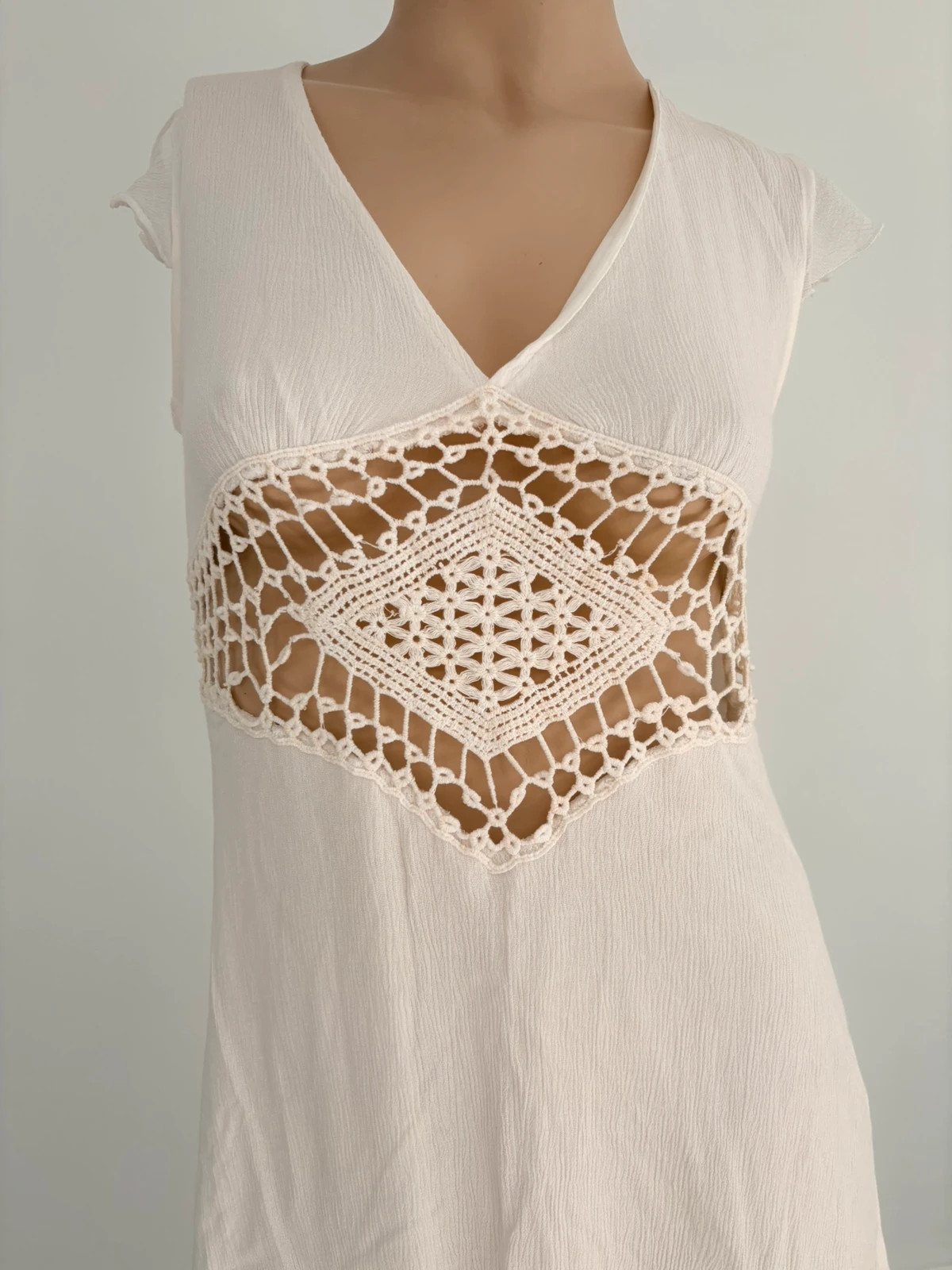 White Boho Crochet Diamond Waist Mini Dress Short Sleeve Summer Beach Cover Up Festival Chic Small🌺 – Vintage Dressing – taille S / 36 / 8 3