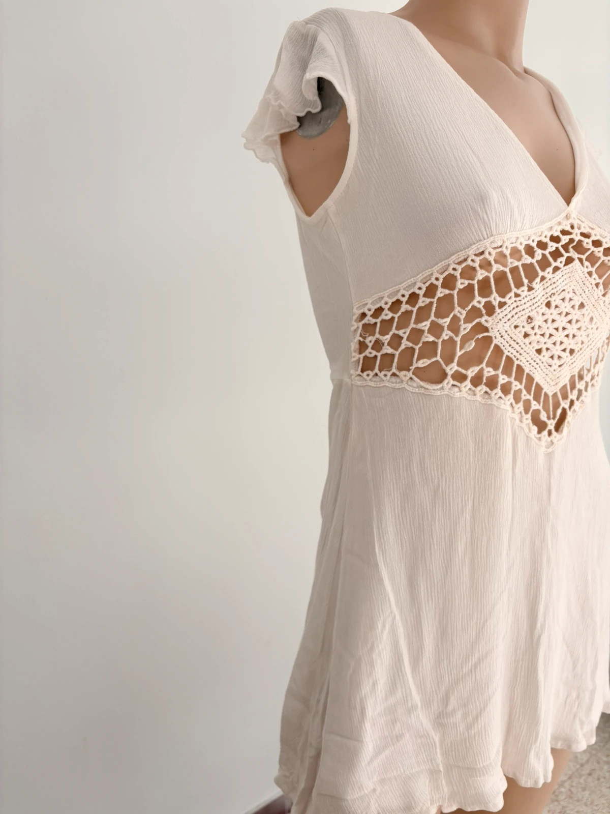 White Boho Crochet Diamond Waist Mini Dress Short Sleeve Summer Beach Cover Up Festival Chic Small🌺 – Vintage Dressing – taille S / 36 / 8 4