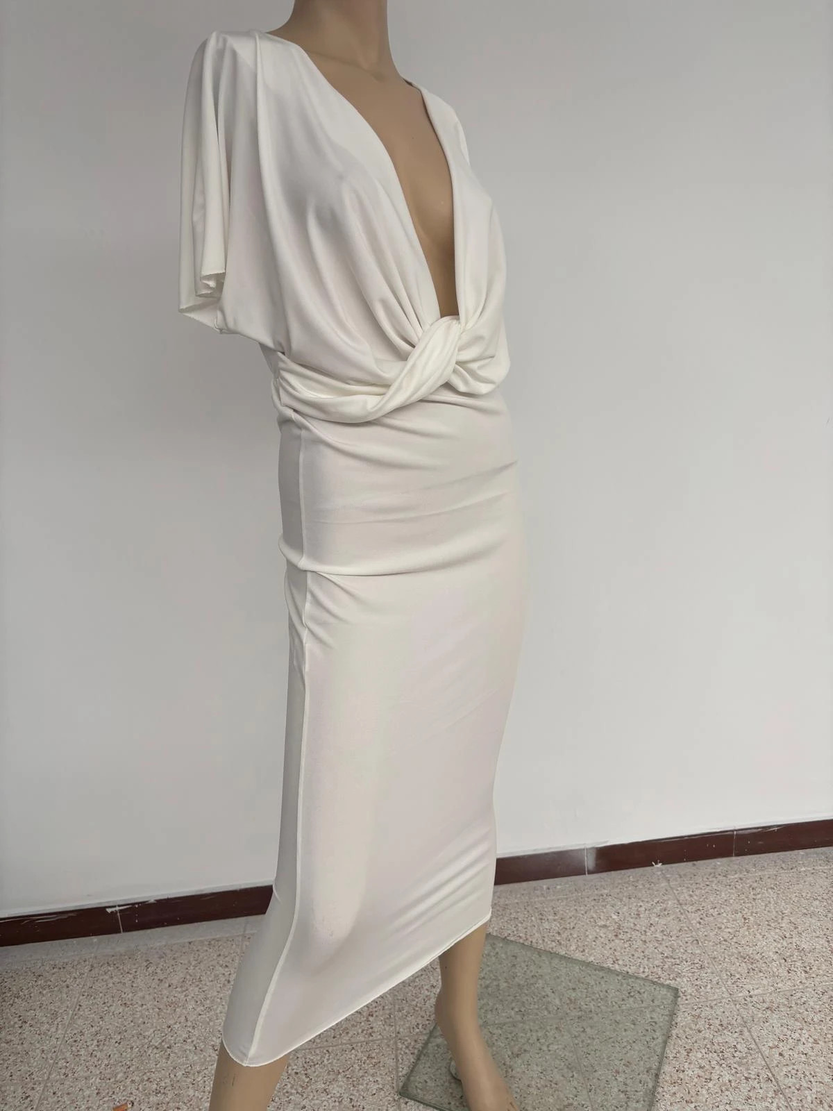 Elegant White V Neck Midi Dress Knot Detail Evening Wedding Party Cocktail Short Sleeve Bodycon🌺 – Vintage Dressing – taille Taille unique 2