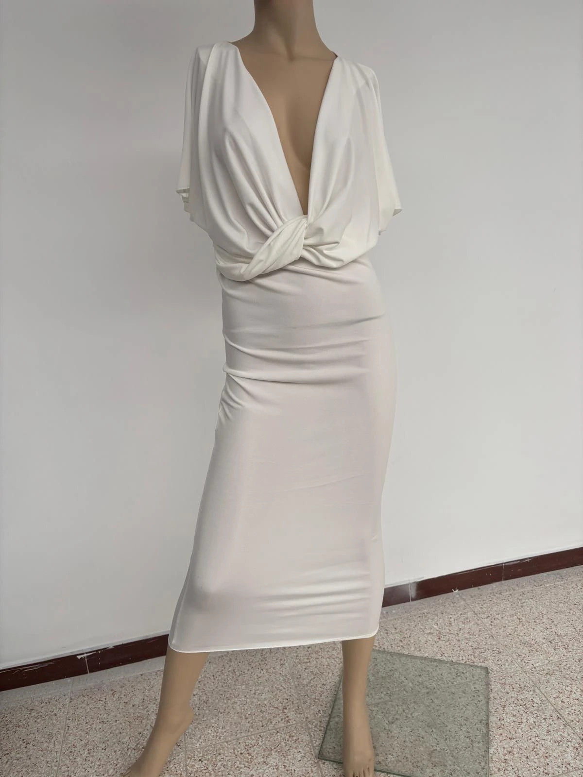 Elegant White V Neck Midi Dress Knot Detail Evening Wedding Party Cocktail Short Sleeve Bodycon🌺 – Vintage Dressing – taille Taille unique