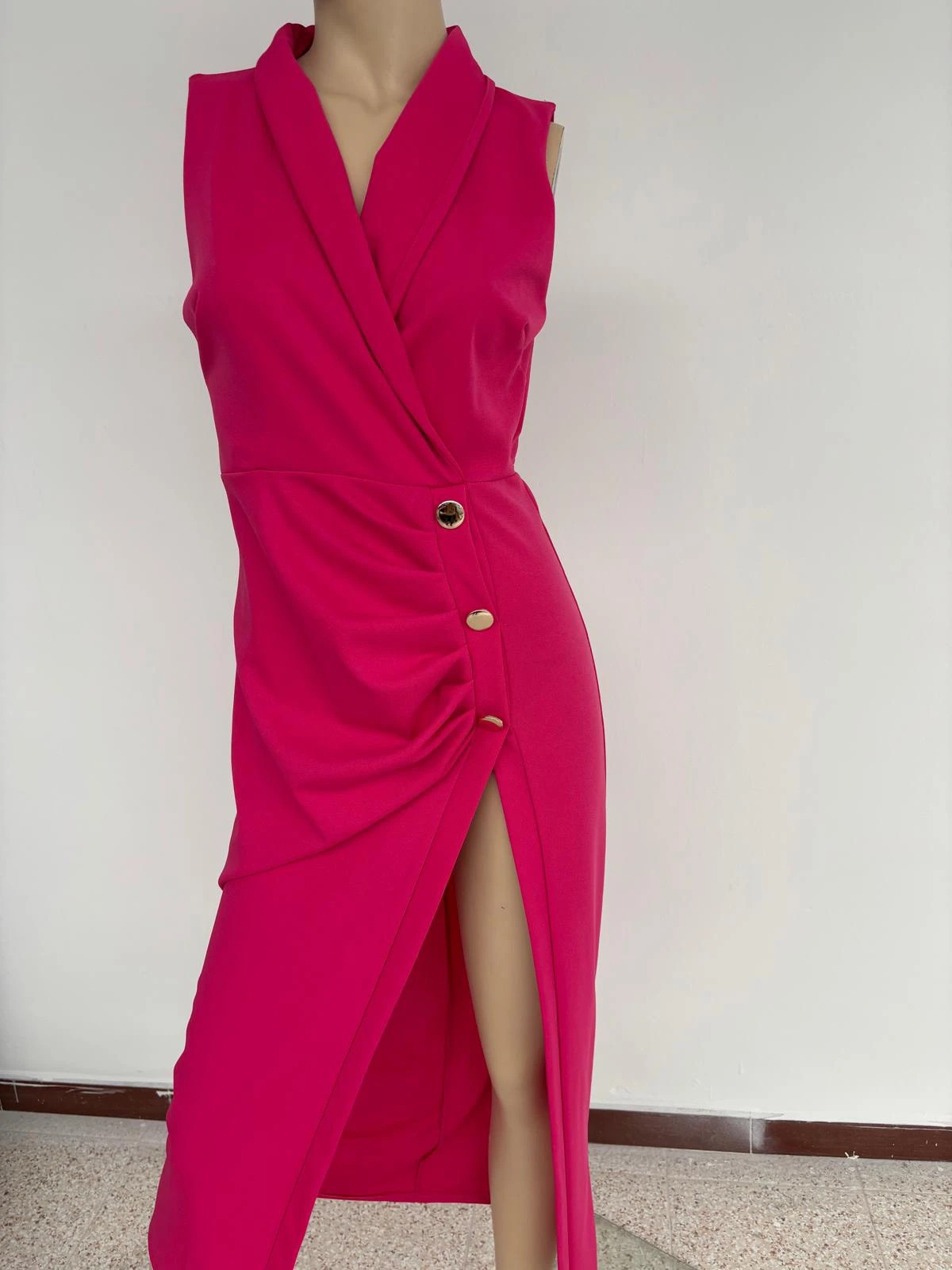 Fuchsia Pink Sleeveless Midi Wrap Dress Elegance Blazer Neck Side Split Prom Wedding Guest Dress🌺 – Vintage Dressing – taille Taille unique 3