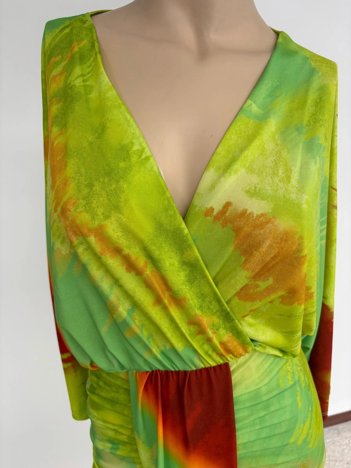Green Tie Dye Maxi Dress Wrap V Neck Ruched Summer Long Sleeve Asymmetric Party Cocktail🌺 – Vintage Dressing – taille Taille unique 2