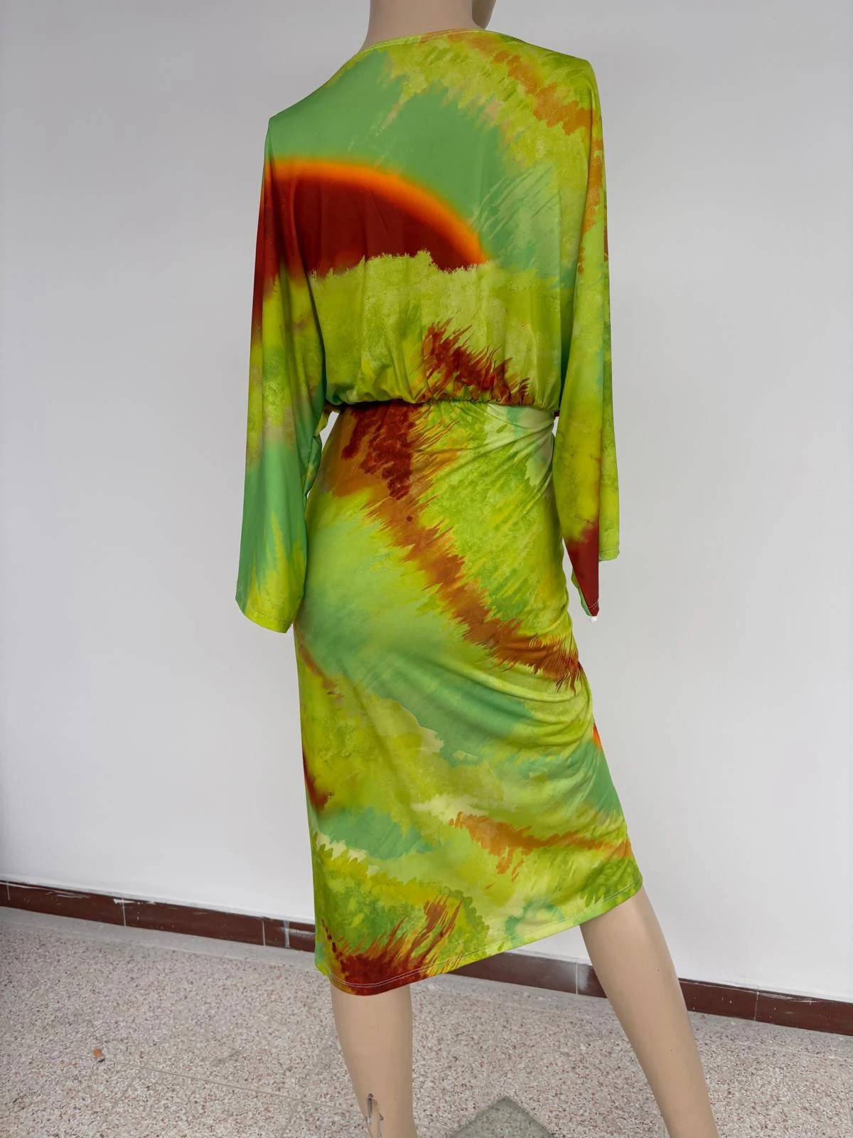 Green Tie Dye Maxi Dress Wrap V Neck Ruched Summer Long Sleeve Asymmetric Party Cocktail🌺 – Vintage Dressing – taille Taille unique 3