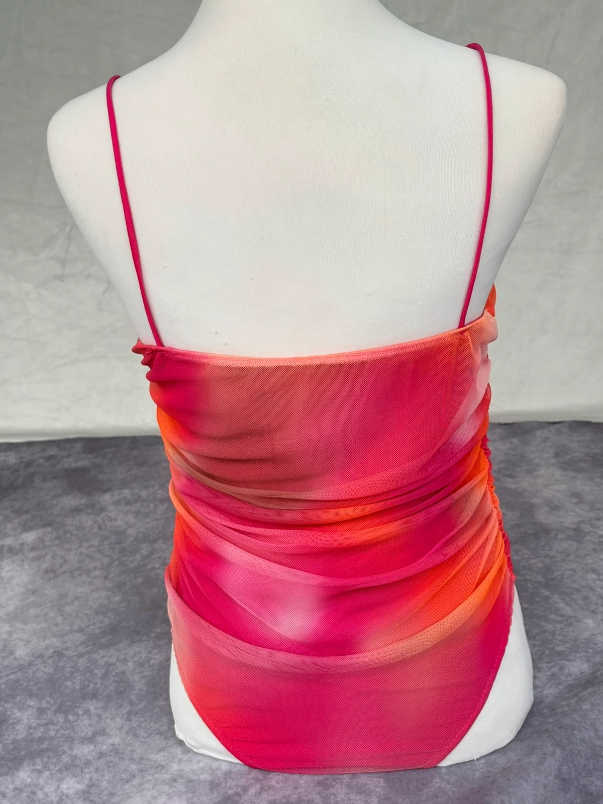 Winkiss Pink Orange Mesh Bodysuit Tiedye Ruched Sleeveless Camisole Spaghetti Strap Top🌺 – Vintage Dressing – taille M / 38 / 10 5