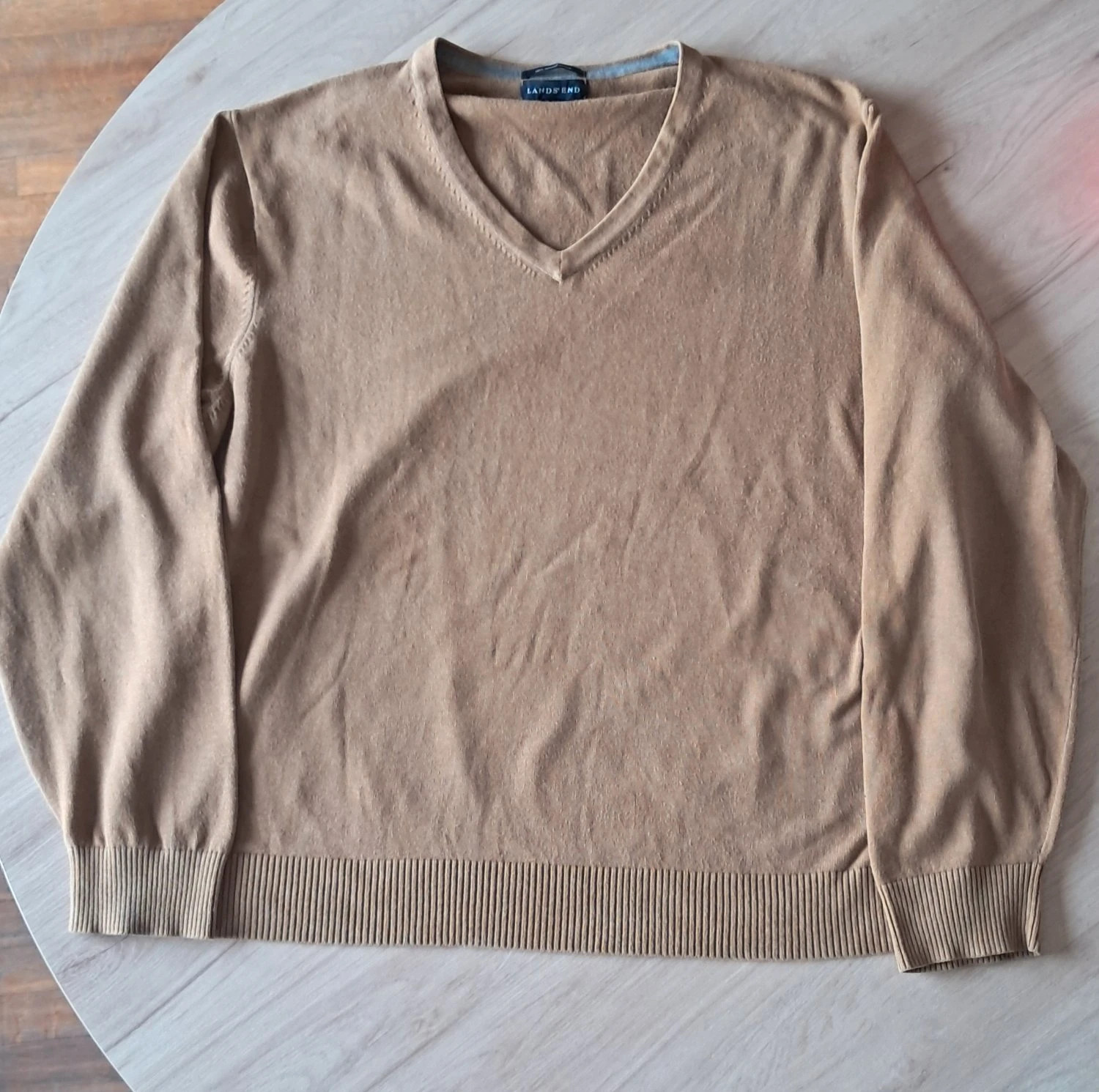 Pull Lands' End col V unis 100% coton supima beige Homme taille XL